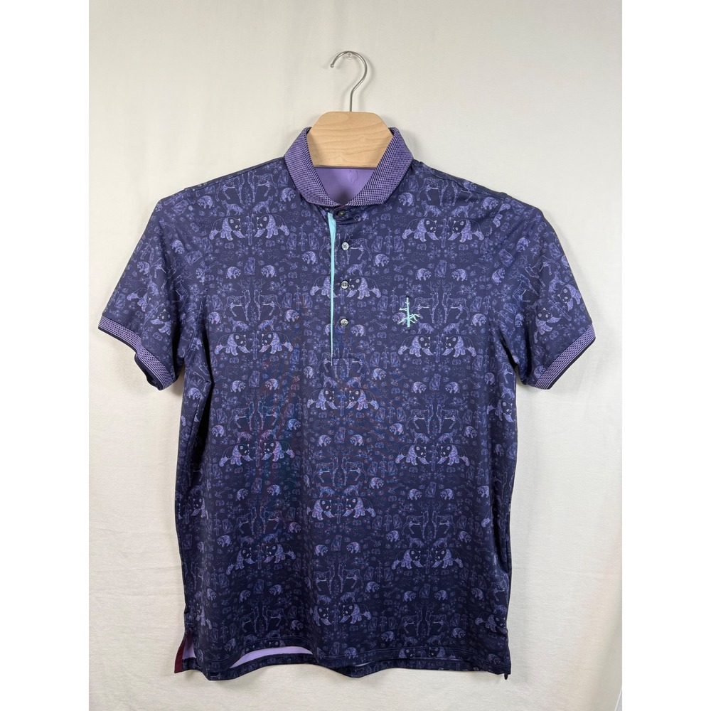 Greyson Mens Purple Woodland Animal Print Golf Polo Shirt Large Recycled Stretch
